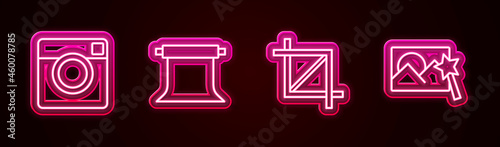 Set line Photo camera, Empty photo studio, Picture crop and retouching. Glowing neon icon. Vector