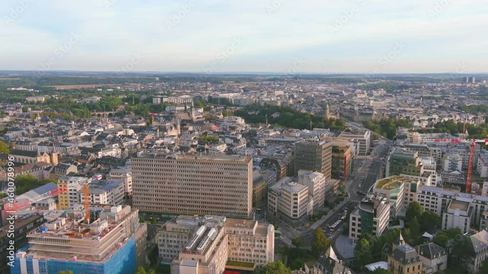 City of Luxembourg: Aerial view of capital city of Luxembourg, historic city center at sunset - landscape panorama of Europe from above City of Luxembourg: Aerial view of capital city of Luxembourg, historic city center at sunset - landscape panorama of Europe from above