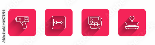 Set line Digital thermometer, Area measurement, Multimeter, voltmeter and Scales with long shadow. Red square button. Vector
