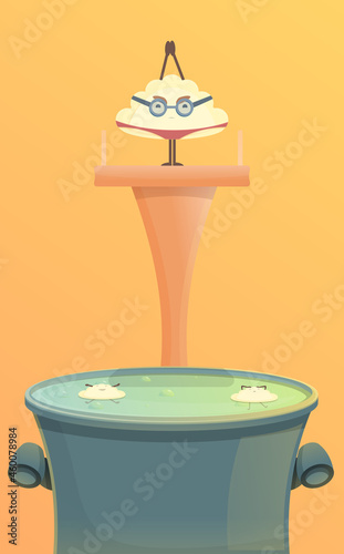 cartoon dumpling jumping into a pot of water, vector illustration