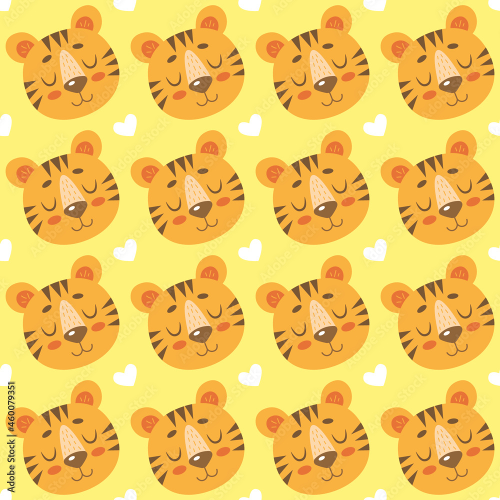 Seamless pattern with cute cartoon tigers and hearts isolated on yellow background Seamless pattern with cute cartoon tigers and hearts isolated on yellow background