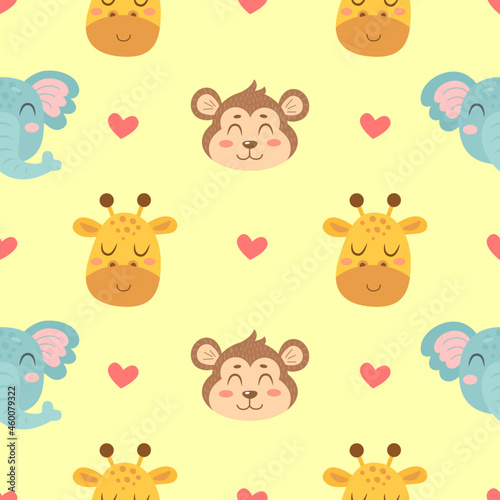Seamless pattern with cute monkeys, elephants, giraffes and hearts isolated on yellow background