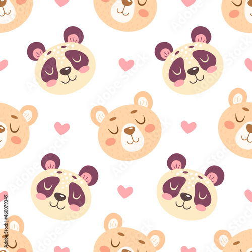Seamless pattern with cute bears and pandas and hearts isolated on white background