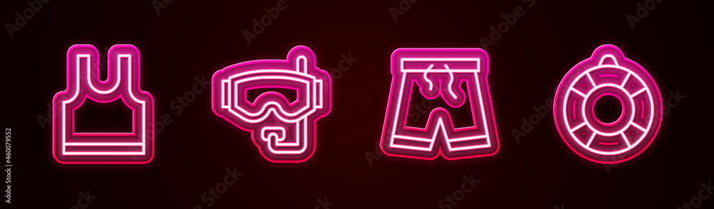 Set line Sleeveless T-shirt, Diving mask, Swimming trunks and Lifebuoy. Glowing neon icon. Vector