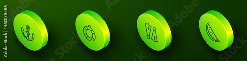 Set Isometric line Anchor, Lifebuoy, Rubber flippers for swimming and Watermelon icon. Vector