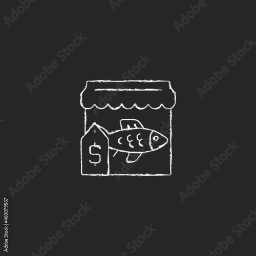Fish market chalk white icon on dark background. Fresh, frozen seafood trade and supply. Fish marketplace. Fishmongers stall. Commercial fishery. Isolated vector chalkboard illustration on black