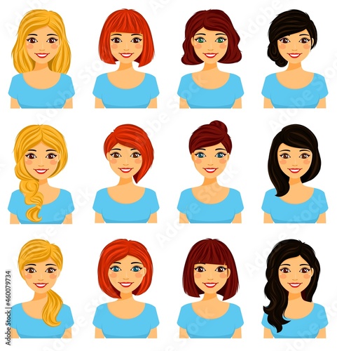 Young girls with different hairstyles and different hair colors on a white background. Flat style. Cartoon