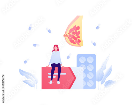 Human breast cancer treatment concept. Vector flat people medical illustration. Female patient sitting on box of medicine. Woman breast and pills symbol. Design for healthcare, awareness month.