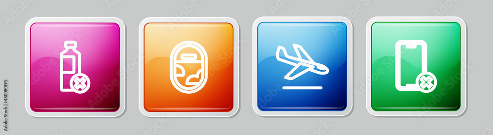 Set line No water bottle, Airplane window, Plane landing and cell phone. Colorful square button. Vector Set line No water bottle, Airplane window, Plane landing and cell phone. Colorful square button. Vector