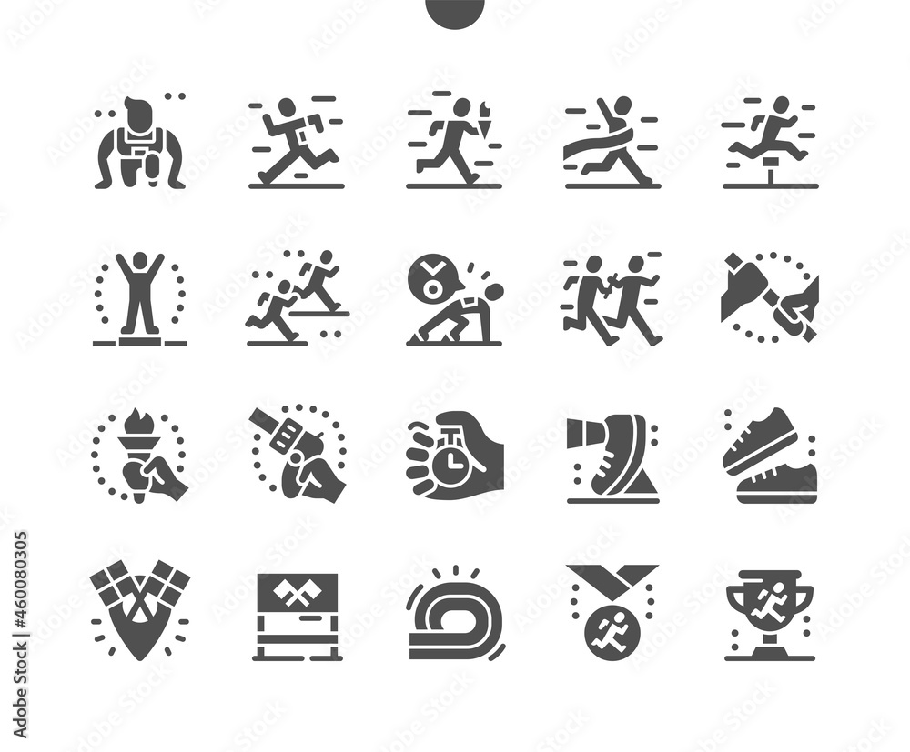 Relay race. Runner. Sport and competition. Start and finish. First place, medal and trophy. Vector Solid Icons. Simple Pictogram Relay race. Runner. Sport and competition. Start and finish. First place, medal and trophy. Vector Solid Icons. Simple Pictogram