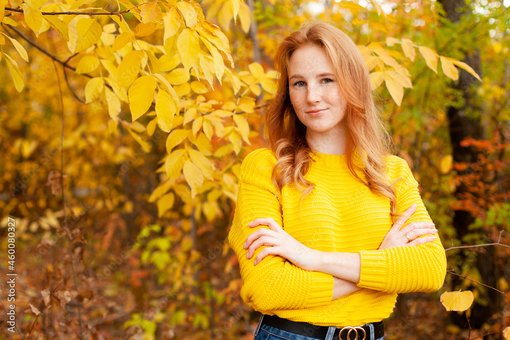 Autumn. Portrait of a beautiful happy red-haired girl in a yellow jumper among the autumn leaves. Color. Atmosphere. A place for text. Autumn. Portrait of a beautiful happy red-haired girl in a yellow jumper among the autumn leaves. Color. Atmosphere. A place for text.