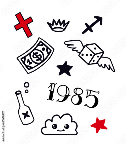 Mystical set symbols, style old school tattoo, witchcraft icons, spiritual signs. Magic esoterica talisman elements. Vector illustration