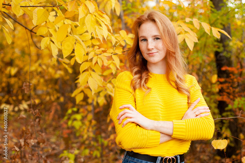 Autumn. Portrait of a beautiful happy red-haired girl in a yellow jumper among the autumn leaves. Color. Atmosphere. A place for text.