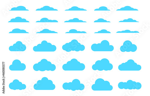 Clouds icon set. Different cloud shapes isolated on the blue sky background. Vector flat style cartoon cloud.