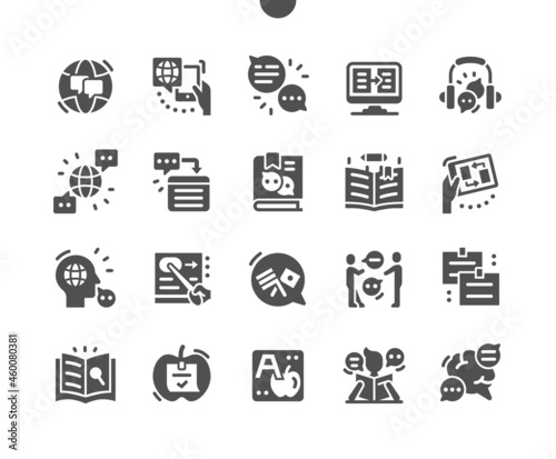 Studying of foreign language. Message translation. Dictionary. Foreign languages. Knowledge, lesson, study and education. Vector Solid Icons. Simple Pictogram
