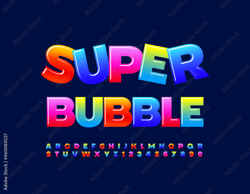Vector Bright Sign Super Bubble. Colorful Glossy Font. Sweet Alphabet Letters, Numbers and Symbols.