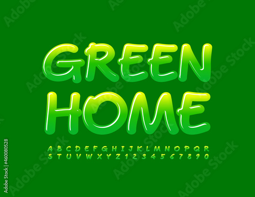 Vector trendy Emblem Green Home. Playful Glossy Font. Handwritten Alphabet Letters and Numbers set