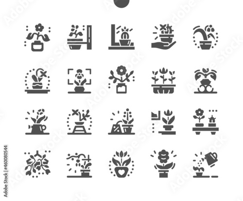 Flowers in pots. Botany and flora. Decorative plant in house. Leaf, gardening and growing. Small flowering cactus in the hand. Vector Solid Icons. Simple Pictogram