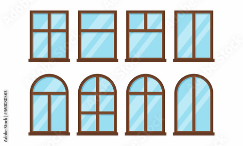 Windows set with brown frames on white background. Vector illustration