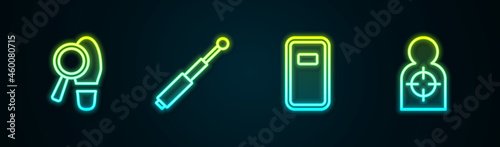 Set line Footsteps, Telescopic baton, Police assault shield and Human target sport for shooting. Glowing neon icon. Vector
