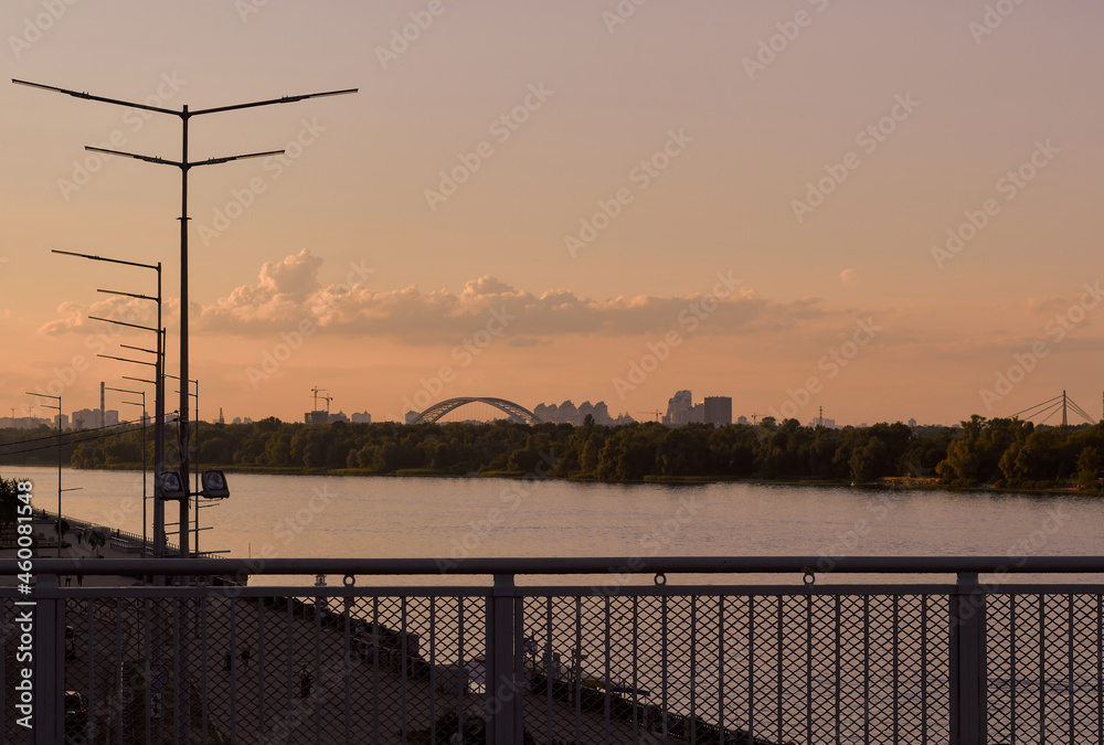 Landscape of Kyiv city and Dnipro river. Evening time. 
