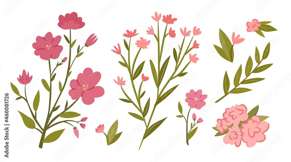 Pink flower and branch set. Collection of cute flower branches and leaves. Flat vector illustration Pink flower and branch set. Collection of cute flower branches and leaves. Flat vector illustration