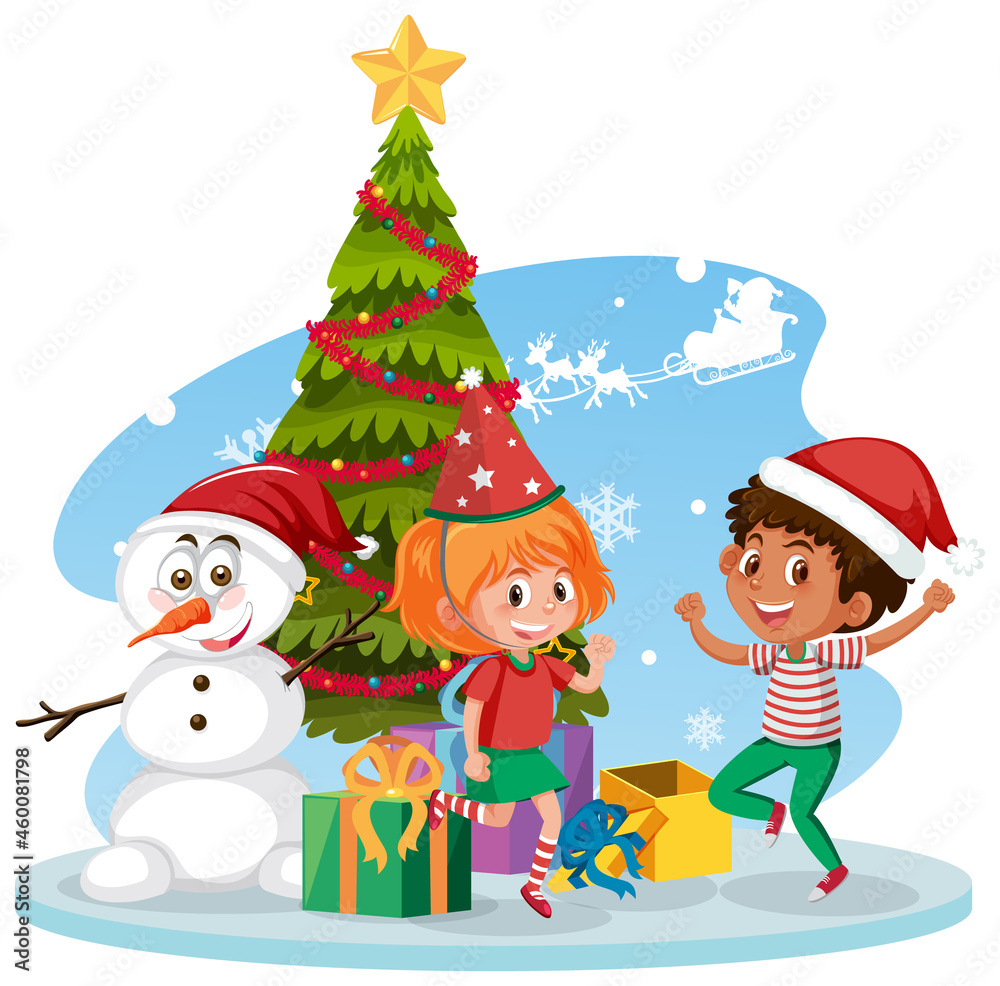 Santa Claus with happy children and Christmas tree