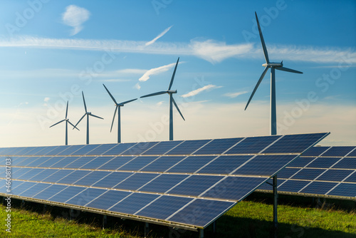 Wind turbine and solar panels energy generators on wind farm