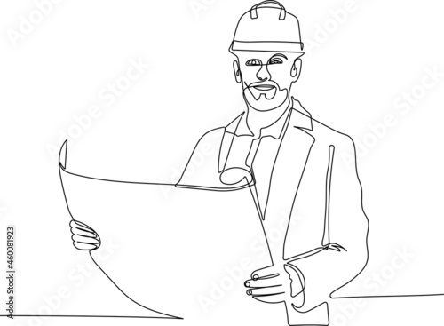 portrait of an architect builder studying layout plan of the rooms serious civil engineer working. Vector illustration