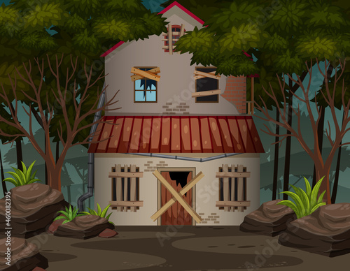 Scene with abandoned house in the dark forest