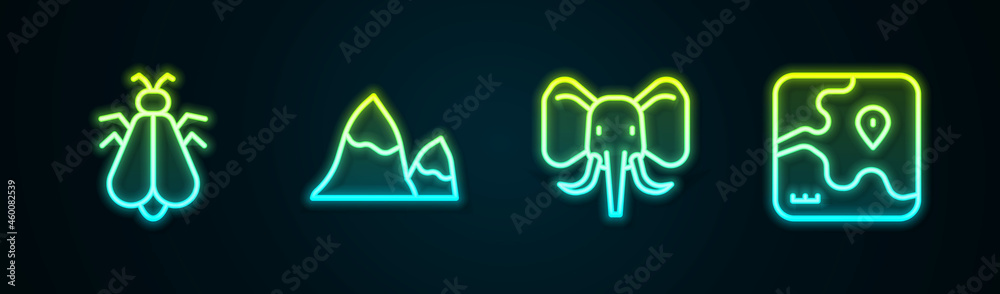 Set line Mosquito, Mountains, Elephant and Africa safari map. Glowing neon icon. Vector