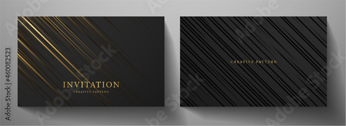 Business card with luxury diagonal line pattern in gold, black color on black background. Formal premium template for invitation design, Gift card, voucher or luxe name or credit card