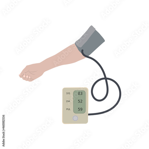 A hand and a tonometer with hypotension, low blood pressure. Flat vector medical illustration.