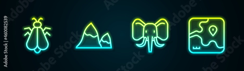 Set line Mosquito, Mountains, Elephant and Africa safari map. Glowing neon icon. Vector