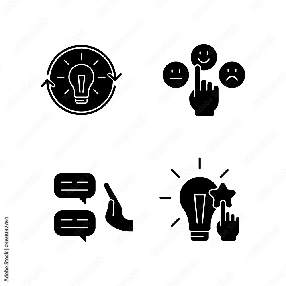 Logical and rational thinking black glyph icons set on white space. Emotional maturity. Skeptical view, opinion. Information analysis and evaluation. Silhouette symbols. Vector isolated illustration