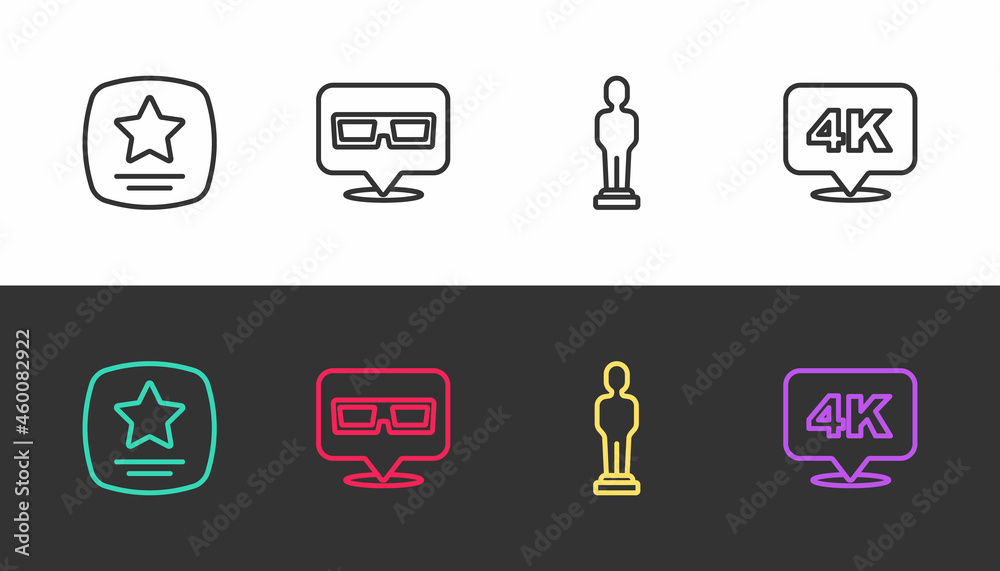 Set line Walk of fame star, 3D cinema glasses, Movie trophy and 4k Ultra HD on black and white. Vector Set line Walk of fame star, 3D cinema glasses, Movie trophy and 4k Ultra HD on black and white. Vector