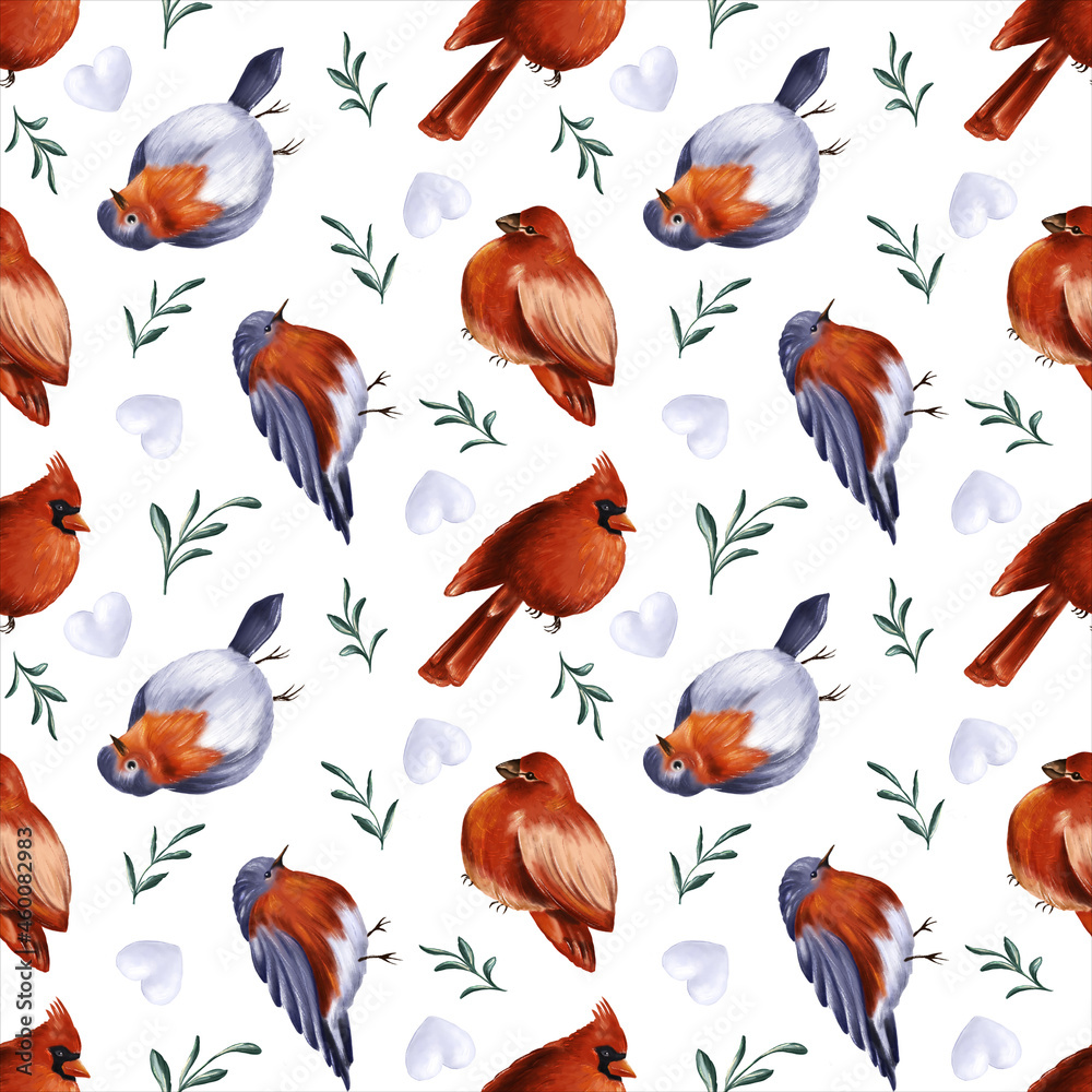 Seamless winter pattern with birds, heart-shaped snowball, mistletoe branches on white background. The endless backdrop for holiday decoration, gift wrapping, wallpaper, scrapbooking, textile