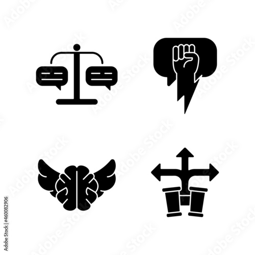 Argumentation skills black glyph icons set on white space. Forming judgement. Use solid and strong arguments. Develop foresight. Critical thinking. Silhouette symbols. Vector isolated illustration