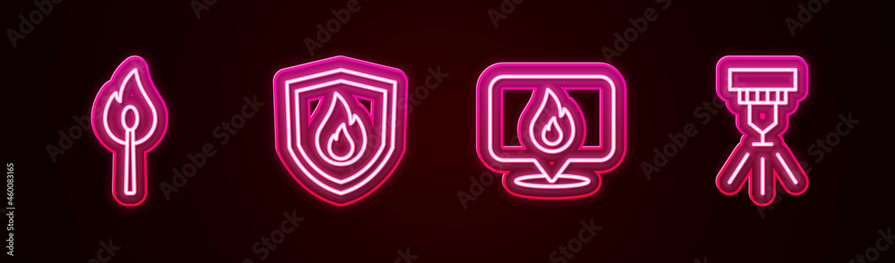 Set line Burning match with fire, Fire protection shield, Location flame and sprinkler system. Glowing neon icon. Vector