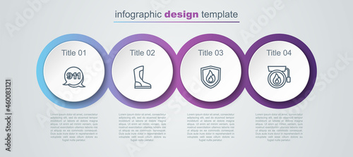Set line Emergency call 911, Fire boots, protection shield and Ringing alarm bell. Business infographic template. Vector