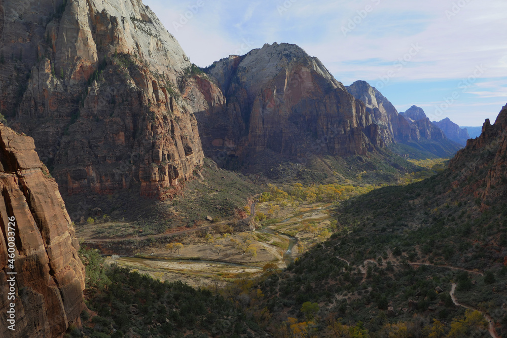 Zion National Park with steep red cliffs along Virgin River, Utah, United States, popular tourist and hiking place aerial landscape