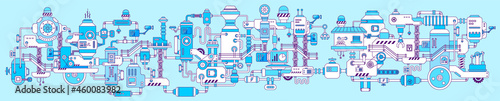 Vector Horizontal Illustration with Product Production Machine. Line Art Style Design of Retro Complex Mechanism