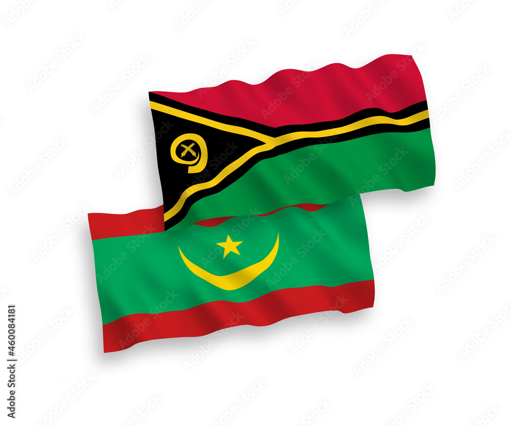 National vector fabric wave flags of Republic of Vanuatu and Islamic Republic of Mauritania isolated on white background. 1 to 2 proportion. National vector fabric wave flags of Republic of Vanuatu and Islamic Republic of Mauritania isolated on white background. 1 to 2 proportion.