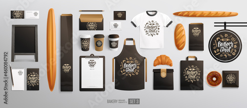 Bakery brand identity with food package mock-up set vector template. Bakery logo design. Realistic MockUp set of Baked goods, coffee cup, stationery items, uniform
