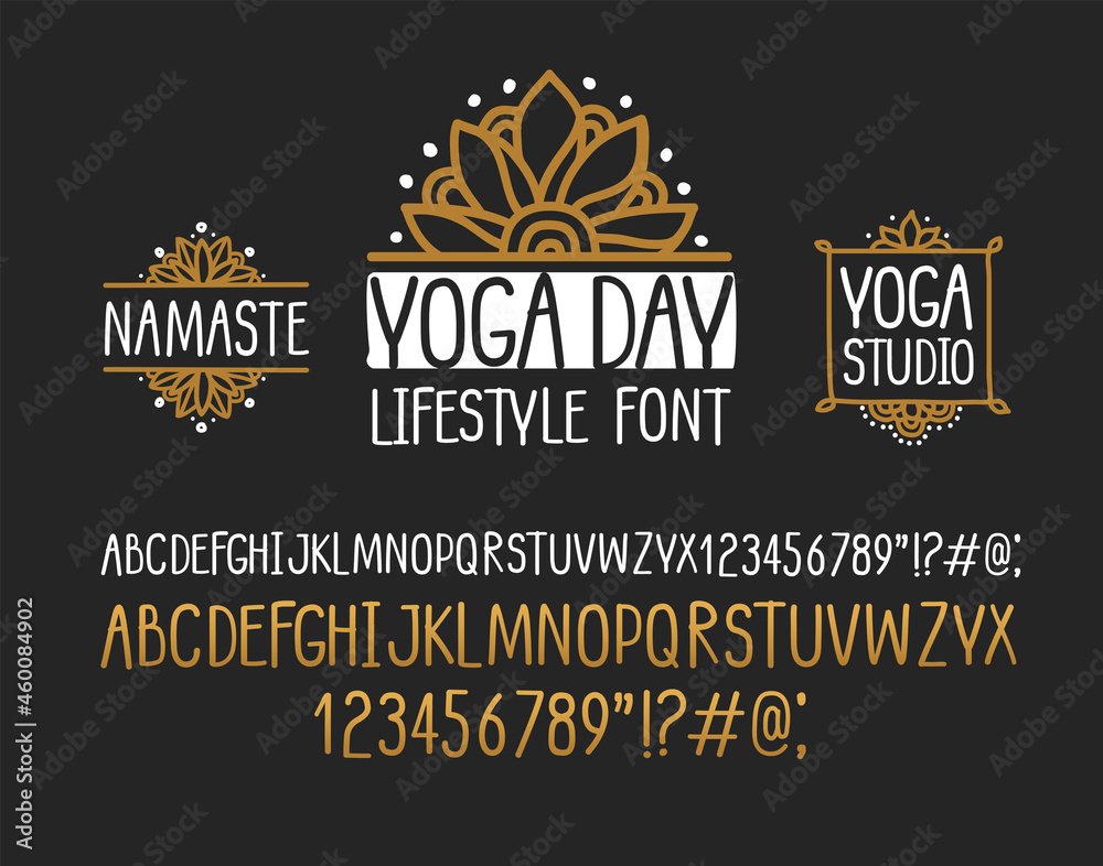 Yoga day doodle style sign with hand drawn lifestyle type font. Boho style doodle font albhabet with numbers. Yoga studio logo design. Namaste sign