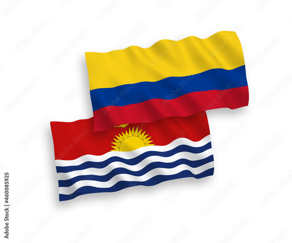 National vector fabric wave flags of Republic of Kiribati and Colombia isolated on white background. 1 to 2 proportion. National vector fabric wave flags of Republic of Kiribati and Colombia isolated on white background. 1 to 2 proportion.