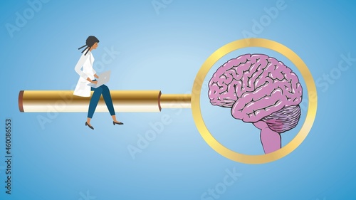 Woman doctor or student sitting on big golden magnifying glass. Brain in lens. Vector illustration.