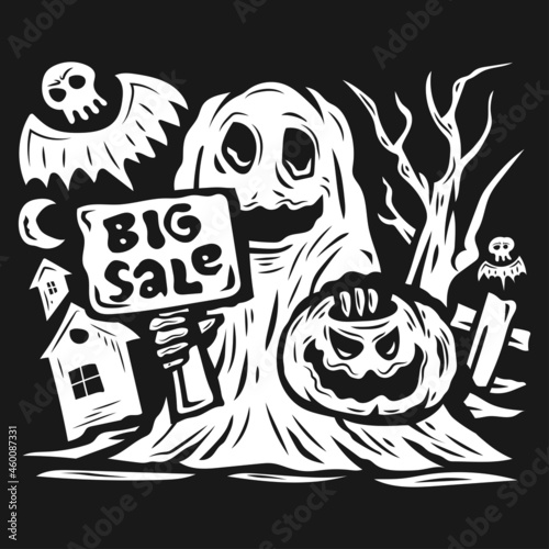 Halloween sale background with pumpkins and haunted house vector illustration