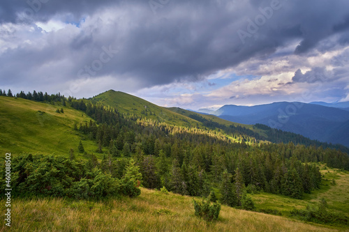 Beautiful summer mountain landscape with dramatic sky. Coniferous forest surrounds the top of the mountain © Rejdan