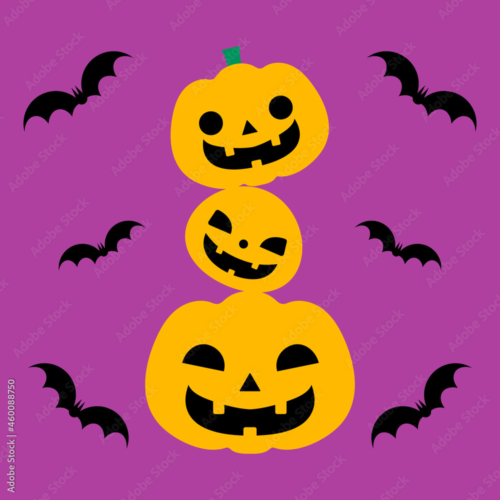 Fototapeta premium ハロウィンのカボチャとコウモリのワンカットイラスト